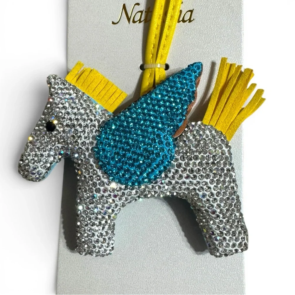 Natasha Pegasus Horse Rhinestone Bag Charm Keychain Yellow Blue - Picture 2 of 3